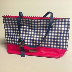 Liz Claiborne purse 18”pink bottom l, navy and white striped Scallop cut top